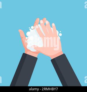 Processo di lavaggio delle mani. Lavarsi le mani con sapone per prevenire covid, virus e batteri. Concetto di igiene. Illustrazione vettoriale isolata. Illustrazione Vettoriale