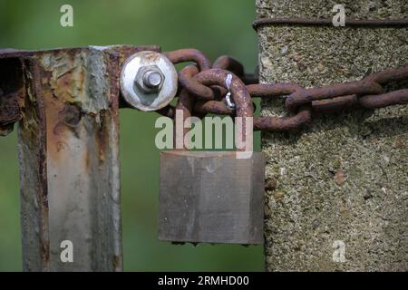 Cancello da giardino in metallo intemprato, chiuso con una catena arrugginita e un vecchio lucchetto su sfondo verde, spazio di copia, messa a fuoco selezionata, profondità di filatura ridotta Foto Stock