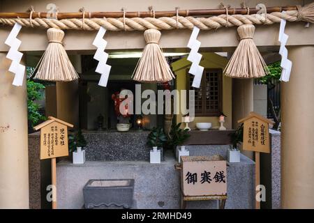 Giappone, Fukuoka. Santuario shintoista Kushida. Shimenawa Rope and Paper Streamers (Shide) designa uno spazio sacro, un Ward Against Evil Spirits. Foto Stock