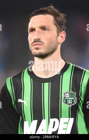 Napoli, Italia. 27 agosto 2023. Matias Vina degli US Sassuolo durante la partita di serie A tra SSC Napoli e US Sassuolo calcio allo Stadio Diego Armando Mar Foto Stock