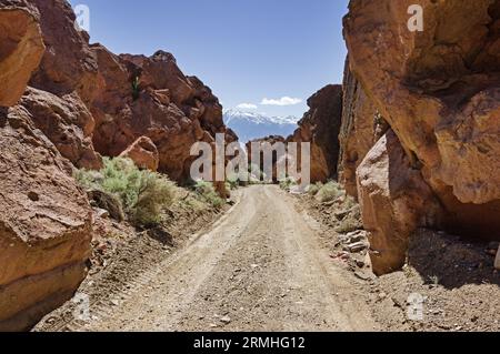 Chidago Canyon Road a una corsia tra le scogliere vulcaniche di tufo nel deserto della California orientale Foto Stock
