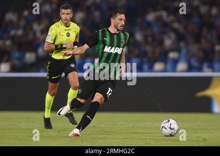 Napoli, Italia. 27 agosto 2023. Matias Vina degli US Sassuolo durante la partita di serie A tra SSC Napoli e US Sassuolo calcio allo Stadio Diego Armando Mar Foto Stock