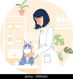 Veterinaria femminile in camice da laboratorio che esamina un gatto carino Illustrazione Vettoriale