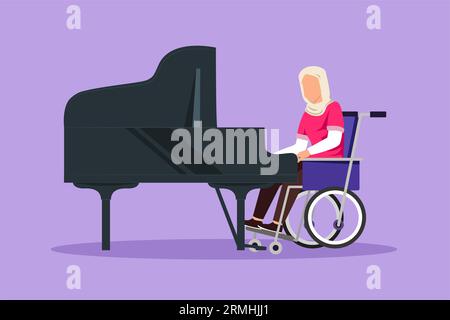 Disegno grafico piatto di una giovane donna araba disabile in sedia a rotelle che suona pianoforte in concerto. Disabilità e musica classica. Riconquistare fisicamente Foto Stock