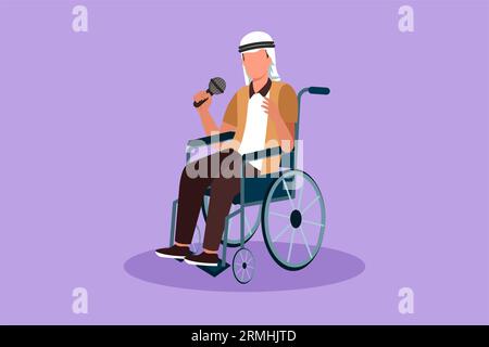 Disegno grafico piatto disegnato per persone disabili che si divertono la vita. Attraente uomo arabo seduto in sedia a rotelle che canta all'ospedale karaoke. Trascorri del tempo in REC Foto Stock