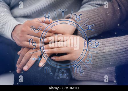 Relazioni e oroscopo. Ruota zodiacale e foto di uomo e donna che si tengono per mano, primo piano Foto Stock