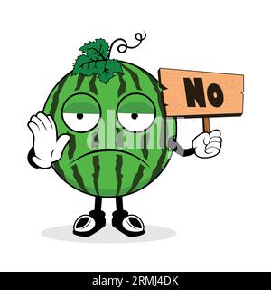 Watermelon Cartoon Mascot regge un cartello di legno con la parola NO Illustrazione Vettoriale