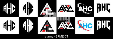 Logo AHC Letter in sei stili. Poligono AHC, cerchio, triangolo, esagonale, stile semplice e piatto con logo lettera di variazione di colore bianco e nero Illustrazione Vettoriale
