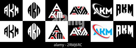 Logo AKM Letter in sei stili. Stile AKM Polygon, Circle, Triangle, hex, flat and Simple con logo lettera di variazione di colore bianco e nero Illustrazione Vettoriale
