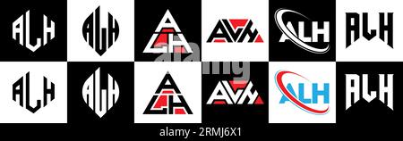 Logo ALH Letter in sei stili. Poligono ALH, cerchio, triangolo, esagonale, stile piatto e semplice con logo lettera di variazione di colore bianco e nero Illustrazione Vettoriale