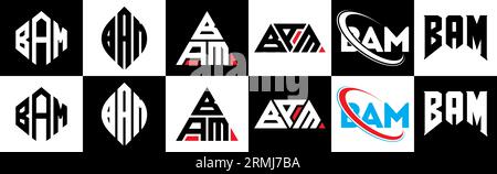 Logo BAM Letter in sei stili. Poligono BAM, cerchio, triangolo, esagonale, stile semplice e piatto con logo lettera di variazione di colore bianco e nero Illustrazione Vettoriale