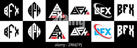 Logo BFX Letter in sei stili. Poligono BFX, cerchio, triangolo, esagono, stile semplice e piatto con logo lettera di variazione di colore bianco e nero Illustrazione Vettoriale