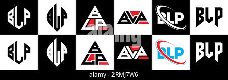 Logo BLP Letter in sei stili. Poligono BLP, cerchio, triangolo, esagonale, stile semplice e piatto con logo lettera di variazione di colore bianco e nero Illustrazione Vettoriale
