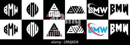 Logo BMW Letter in sei stili. Poligono BMW, cerchio, triangolo, esagonale, stile piatto e semplice con logo lettera di variazione colore bianco e nero Illustrazione Vettoriale