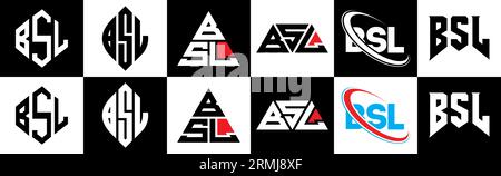 Logo BSL Letter in sei stili. Poligono BSL, cerchio, triangolo, esagono, stile piatto e semplice con logo lettera di variazione di colore bianco e nero Illustrazione Vettoriale