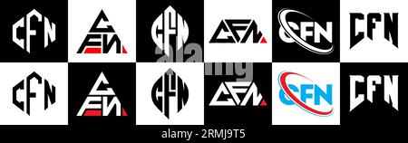 Logo CFN Letter in stile Six. Poligono CFN, cerchio, triangolo, esagonale, stile semplice e piatto con logo lettera di variazione di colore bianco e nero Illustrazione Vettoriale