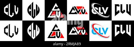 Logo CLV Letter in sei stili. Stile CLV poligono, cerchio, triangolo, esagonale, piatto e semplice con logo lettera di variazione di colore bianco e nero Illustrazione Vettoriale