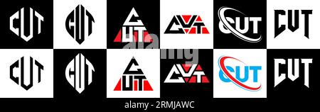 Design con logo a forma di lettera TAGLIATA in sei stili. TAGLIO DI poligono, cerchio, triangolo, esagono, stile piatto e semplice con logo lettera di variazione di colore bianco e nero Illustrazione Vettoriale