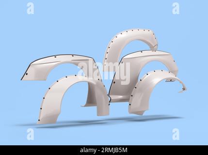 Kit di aggiornamento personalizzato per auto sportive serie di dettagli per i paraurti laterali della carrozzeria rendering 3d in blu Foto Stock