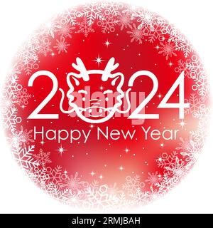 The Year 2024, The Year of the Dragon, Red Round Greeting Symbol with Snowflakes. Illustrazione vettoriale isolata su sfondo bianco. Illustrazione Vettoriale