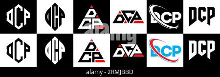 Logo DCP Letter in sei stili. Poligono DCP, cerchio, triangolo, esagono, stile piatto e semplice con logo lettera di variazione di colore bianco e nero Illustrazione Vettoriale
