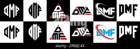 Design con logo DMF Letter in sei stili. Poligono DMF, cerchio, triangolo, esagono, stile piatto e semplice con logo lettera di variazione di colore bianco e nero Illustrazione Vettoriale