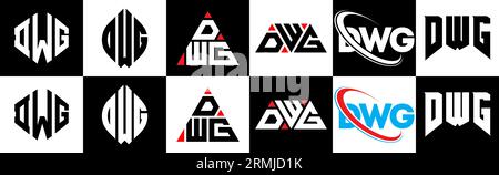 Logo DWG Letter in sei stili. Stile DWG poligono, cerchio, triangolo, esagonale, piatto e semplice con logo lettera di variazione di colore bianco e nero Illustrazione Vettoriale
