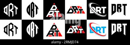 Logo DRT Letter in sei stili. Stile DRT poligono, cerchio, triangolo, esagonale, piatto e semplice con logo lettera di variazione di colore bianco e nero Illustrazione Vettoriale