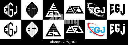 Logo EGJ Letter in sei stili. Poligono EGJ, cerchio, triangolo, esagonale, stile semplice e piatto con logo lettera di variazione di colore bianco e nero Illustrazione Vettoriale