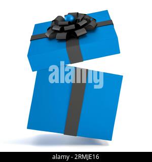 Scatola regalo blu cadente con nastro nero e fiocco isolato su sfondo bianco. Foto Stock
