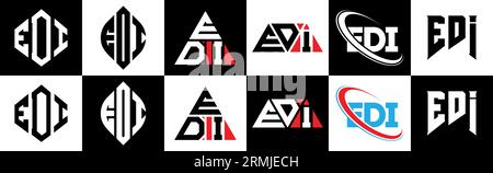 Logo EDI Letter in sei stili. Poligono EDI, cerchio, triangolo, esagonale, stile semplice e piatto con logo lettera di variazione di colore bianco e nero Illustrazione Vettoriale