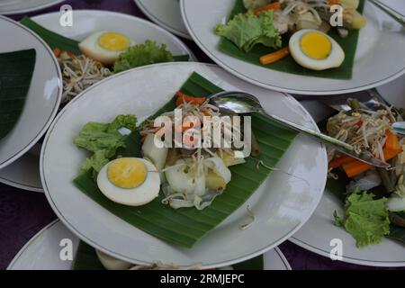 Il Gado-gado è un tipico alimento indonesiano contenente verdure bollite, uova a fette e tofu, cosparso di cipolle fritte e cracker e servito con pe Foto Stock