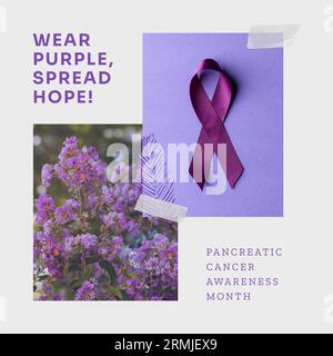 Composto di nastro viola con lavanda e testo del mese di sensibilizzazione al cancro del pancreas. Indossa la speranza diffusa viola, il pancreas, medico, sanitario Foto Stock