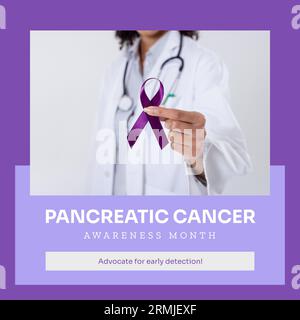 Composto di testo del mese di sensibilizzazione al cancro al pancreas e medico birazziale con nastro viola Foto Stock