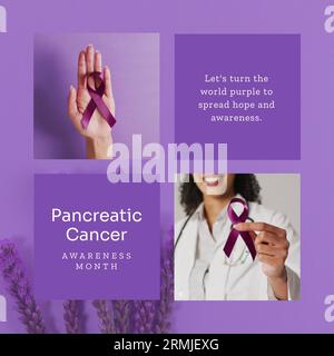 Testo del mese di sensibilizzazione al cancro del pancreas e mano corta e medico con nastri viola Foto Stock
