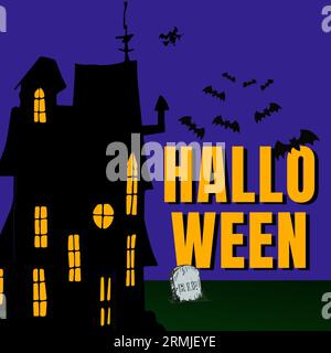 Illustrazione di halloween, casa infestata, riposo in pace lapide, pipipistrelli che volano su sfondo blu Foto Stock