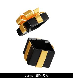 Apri la confezione regalo nera con nastro dorato lucido e illustrazione di rendering 3d con fiocco. Foto Stock