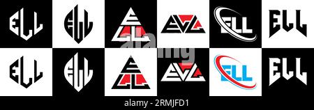 Logo ELL Letter in sei stili. Stile ELL poligono, cerchio, triangolo, esagonale, piatto e semplice con logo lettera di variazione colore bianco e nero Illustrazione Vettoriale