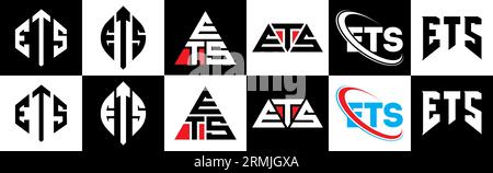 Logo ETS Letter in sei stili. Stile ETS poligono, cerchio, triangolo, esagonale, piatto e semplice con logo lettera di variazione di colore bianco e nero Illustrazione Vettoriale