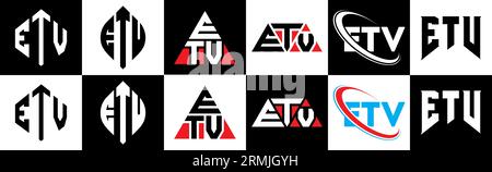 Logo ETV Letter in sei stili. Stile ETV poligono, cerchio, triangolo, esagonale, piatto e semplice con logo lettera di variazione di colore bianco e nero Illustrazione Vettoriale
