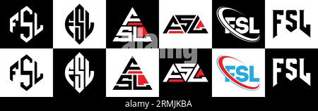 Design con logo FSL Letter in sei stili. Poligono FSL, cerchio, triangolo, esagono, stile piatto e semplice con logo lettera di variazione di colore bianco e nero Illustrazione Vettoriale