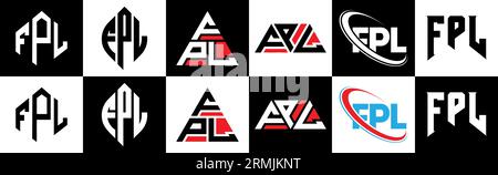 Logo FPL Letter in sei stili. Poligono FPL, cerchio, triangolo, esagonale, stile semplice e piatto con logo lettera di variazione di colore bianco e nero Illustrazione Vettoriale