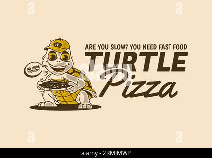 Pizza tartaruga, non più affamata, illustrazione del personaggio Mascot di una tartaruga che tiene una pizza Illustrazione Vettoriale