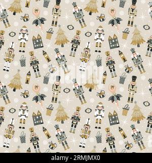 Seamless Christmas Pattern with Nutcrackers ballerina in Vector on beige. Stock Vector