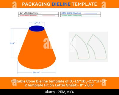 Cono gelato per torta D1 1,5xD2 2,5xH 3 pollici Die line Template Illustrazione Vettoriale