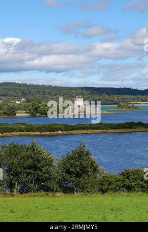 Irlanda, Donegal, Castello di Doe: Costruito nel XVI secolo, la storica roccaforte del Clan Suibhne (Clan McSweeney). Doe Castle è stato costruito nelle pecore Foto Stock