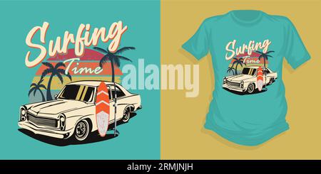 Tempo di surf disegno T-shirt illustrazione vettoriale, spiaggia, surf, tempo per il surf, palme Illustrazione Vettoriale