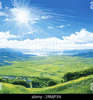 Un disegno delle Figi, illustrazione di viaggio, clima soleggiato, nuvole luminose e staccate, ottima vista dell'area, arte vettoriale ad alta concentrazione, campi di colore emotivi, Illustrazione Vettoriale