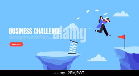 Donna d'affari salta sull'abisso attraverso la scogliera, disegno vettoriale in stile piatto. Illustrazione Vettoriale