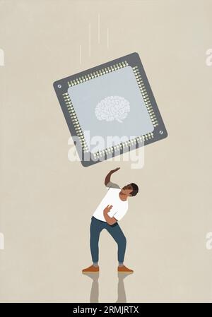 Grande microchip di intelligenza artificiale che cade su un uomo sorpreso Foto Stock